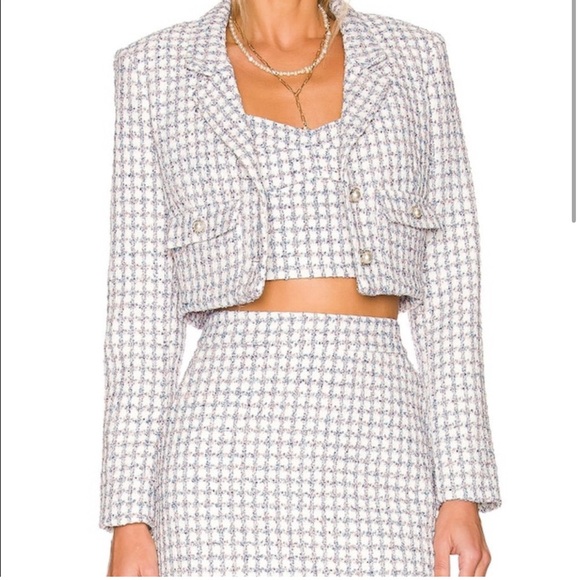 3 piece set Amanda uprichard revolve tweed skirt blazer crop top old money - Picture 2 of 6